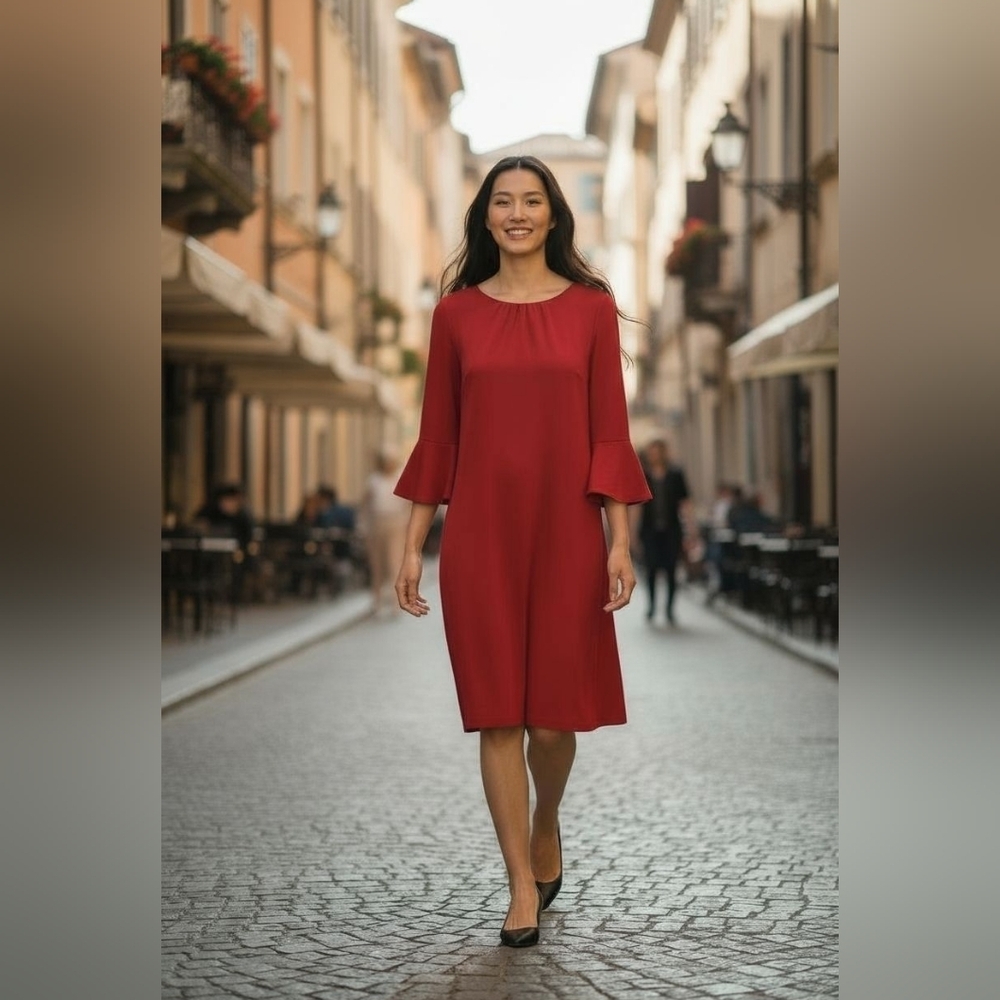 New York & Co. Women's Burgundy Red 3/4 Flare Sleeve Dress Stylish, Size XL EUC